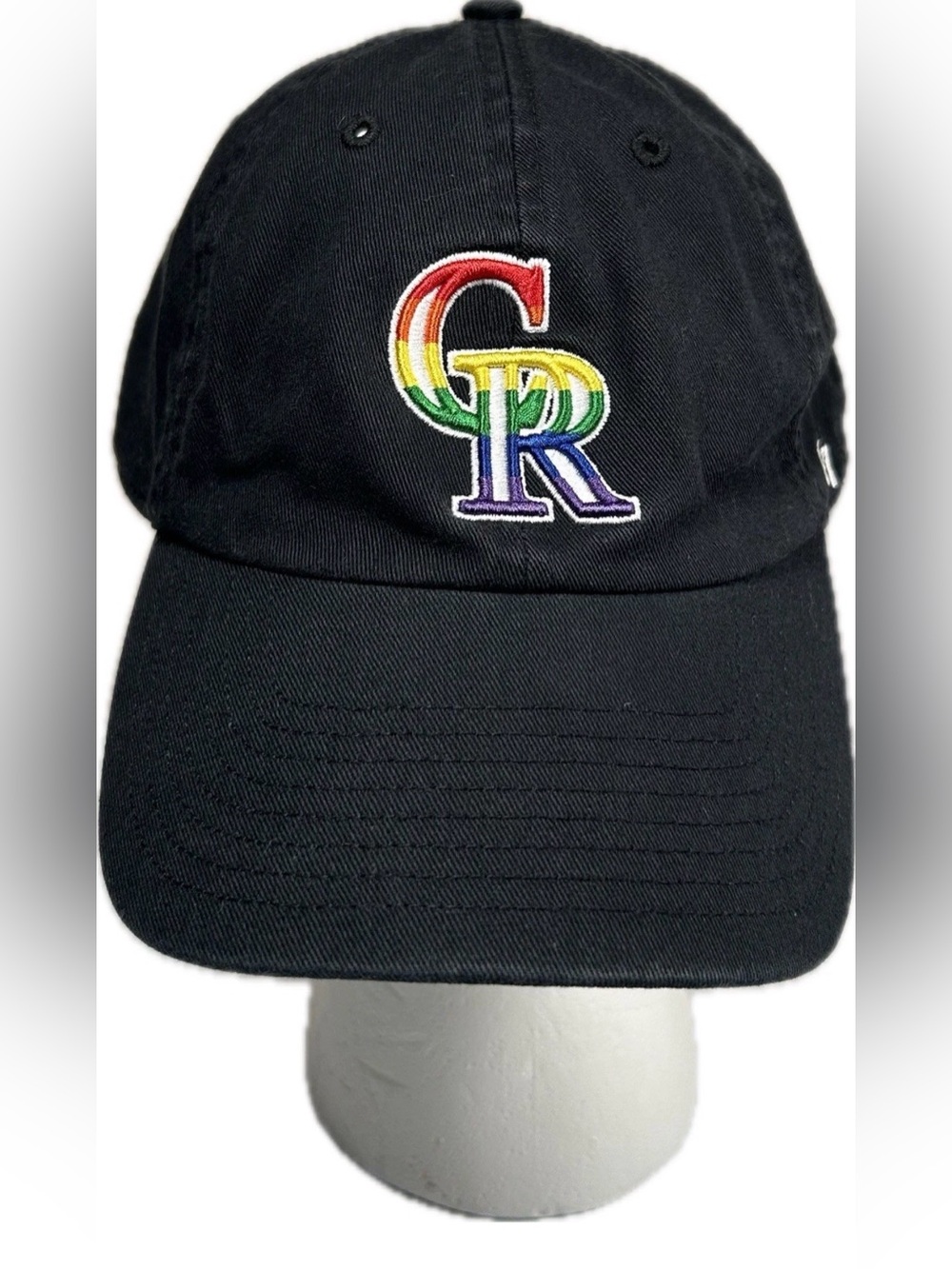 '47 Brand Colorado Rockies adjustable hat with a rainbow-colored pride logo